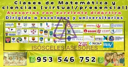 Asesorías de MATEMÁTICA, QUÍMICA,FÍSICA y cursos afines(presencial/virtual) dirigido Escolares y Universitarios