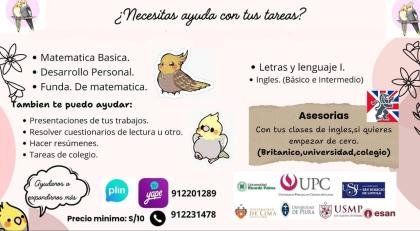 HACEMOS TRABAJOS DE MATEMÁTICA E INGLÉS (S/5) CLASES (S/10)912201289